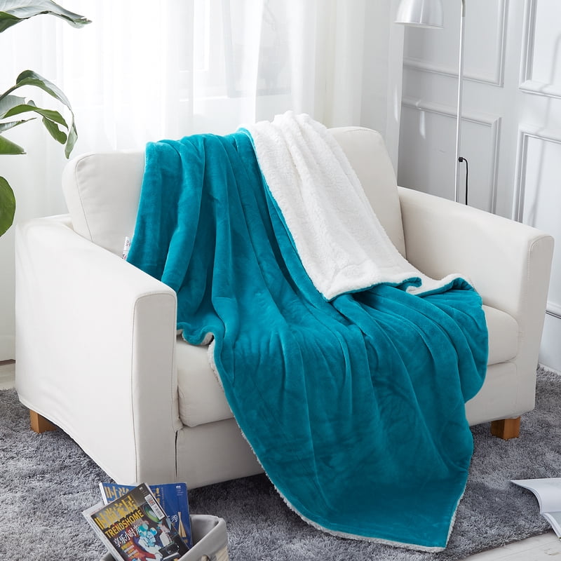Reversible Sherpa Throw Blanket for Bed Couch - Soft Warm Teal Fleece