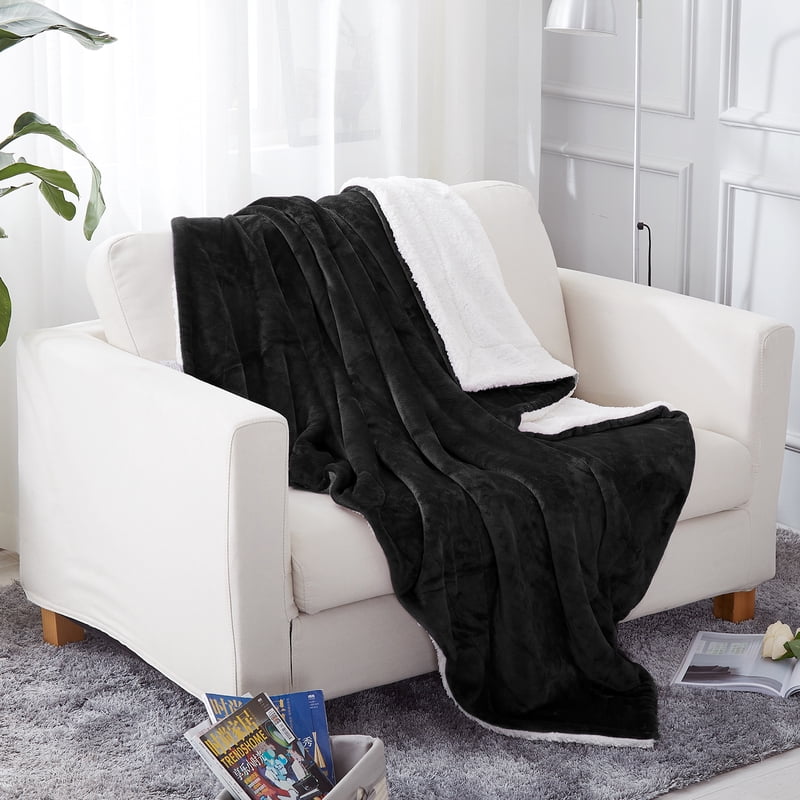 Twin Sherpa Blanket for Bed Couch - Reversible Fleece Warm Throw - Black