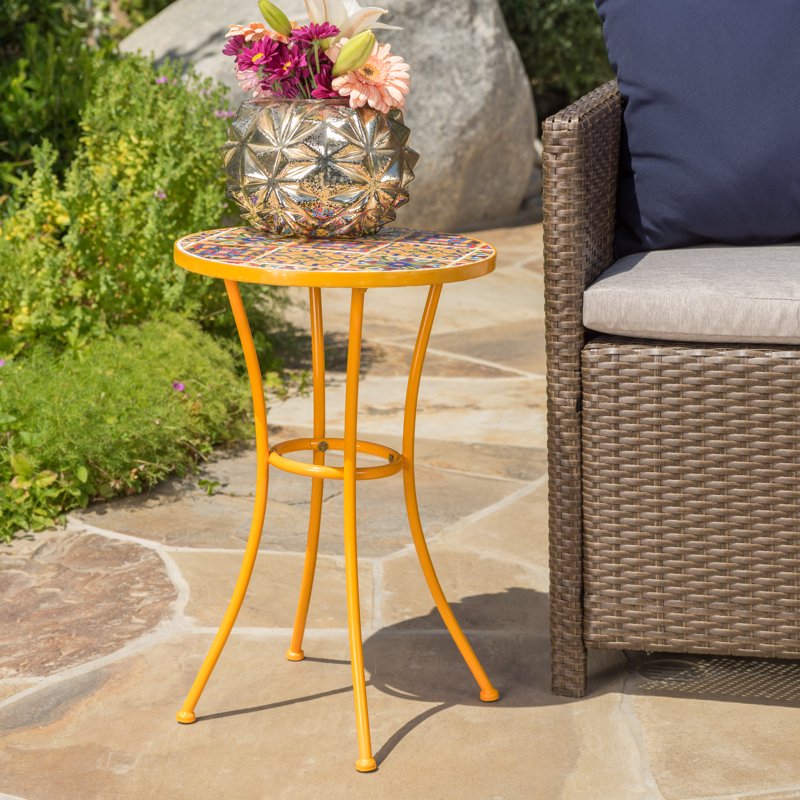Outdoor Ceramic Tile Side Table with Iron Frame - Yellow