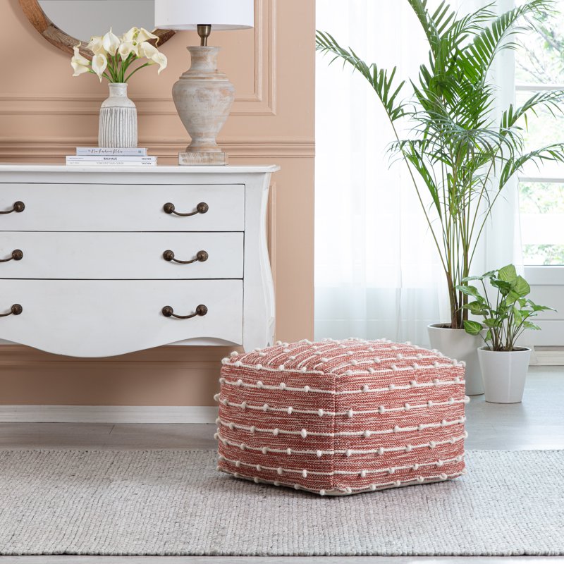 22-Inch Square Pouf Ottoman - Red & Ivory Handmade Cushion
