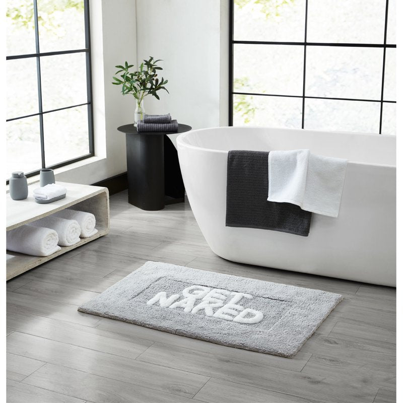 Cotton Bath Rug 21x34 Inches - Gray with Get Naked Text, Non-Slip, Plush