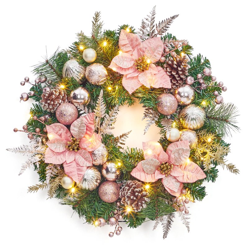 22-Inch Pre-Lit Christmas Wreath with Rose Gold Balls & Poinsettia - Indoor Outdoor Decor