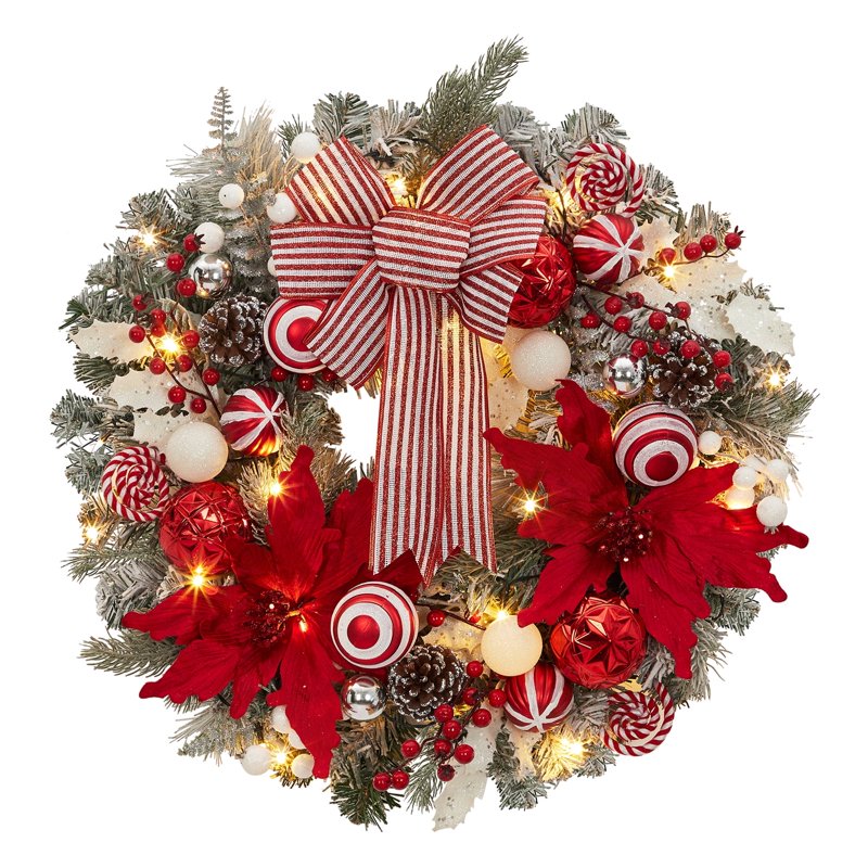 24 Inch Lighted Christmas Wreath with Timer & Red Snow White Variation