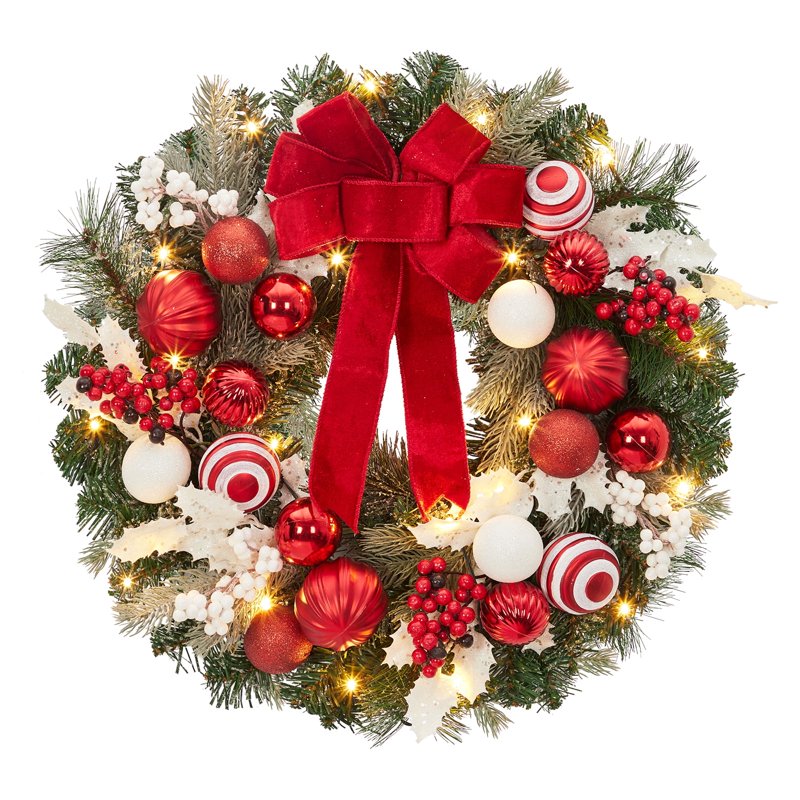 24 Inch Lighted Christmas Wreath with Timer - Red & White Holiday Decor with 20 LED Lights