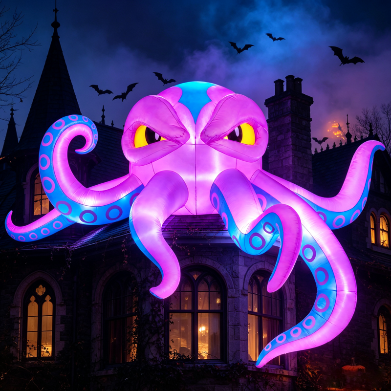 Halloween Inflatable Octopus Head with Tentacles 10 ft - Purple & LED