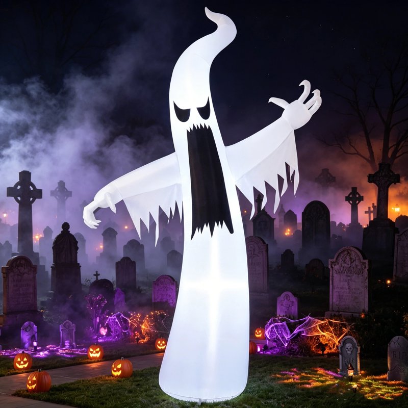 Scary Ghost Halloween Inflatable 12ft Tall Yard Decoration with Built-In LEDs - Outdoor Inflatable Ghost