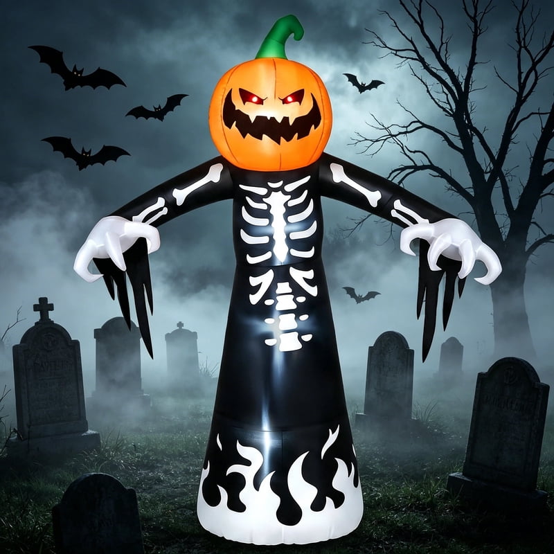 Halloween Inflatable Pumpkin Skeleton Decoration with LED Lights - 9 ft