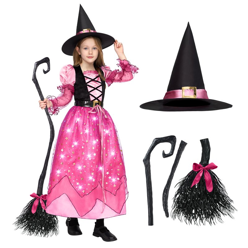 Pink Light Up Witch Costume for Girls 10-12 Years - Starry Dress with Broom & Hat