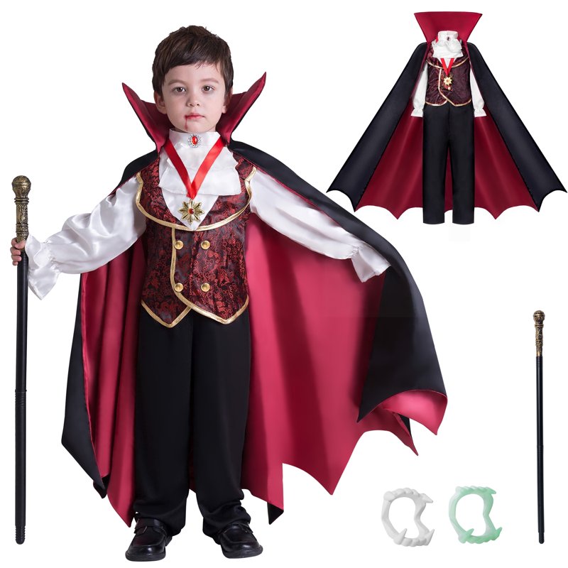 Kids Vampire Costume Gothic Halloween Dress Up - Black & Red, 5-7 Years