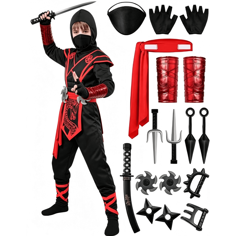 Kids Ninja Costume for Halloween - Boys Dragon Jumpsuit Set with Accessories, Red, Size L (10-12yrs)