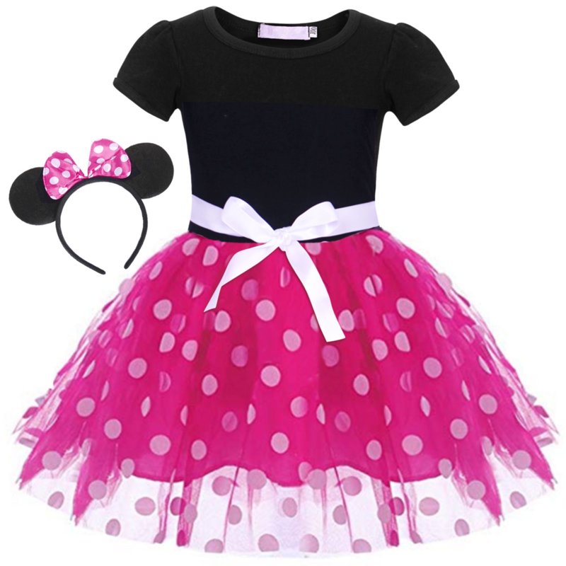 Pink Girls Red Polka Dot Tutu Dress with Bow Headband for Toddler Party & Cosplay - 120cm / 4-5 Years