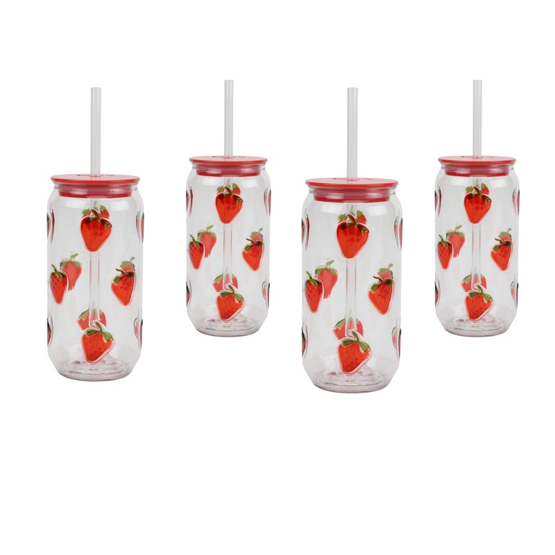 18oz Embossed Strawberry Can Sipper Tumbler with Straw Set - 4-Piece