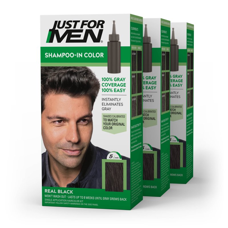 Men's Hair Color Shampoo - Real Black, 3 Pack, 100% Gray Coverage