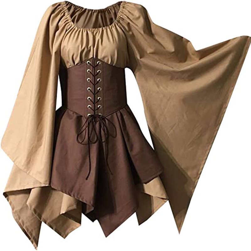 Brown Coffee Medieval Renaissance Pirate Corset Dress with Flare Sleeves - XX-Large /US 12