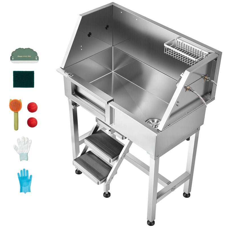34-Inch Stainless Steel Dog Grooming Tub with Shower & Non-Slip Stairs