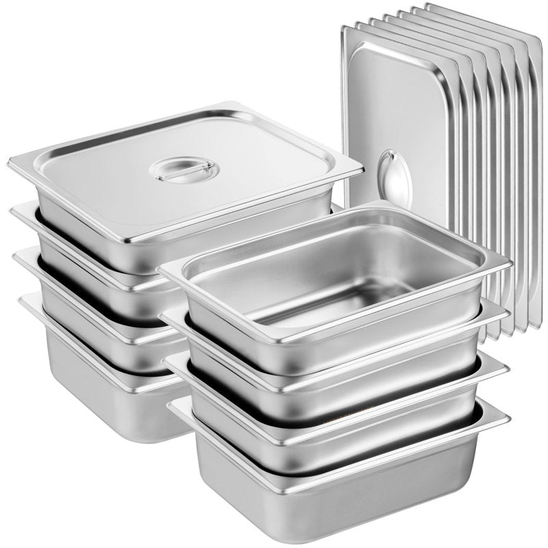 Half-Size Stainless Steel Steam Table Pans Set - 8 Pans, 4" Depth