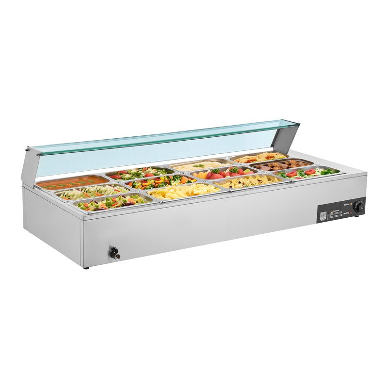 1700W Electric Food Warmer - Stainless Steel Steam Table with Glass Lid