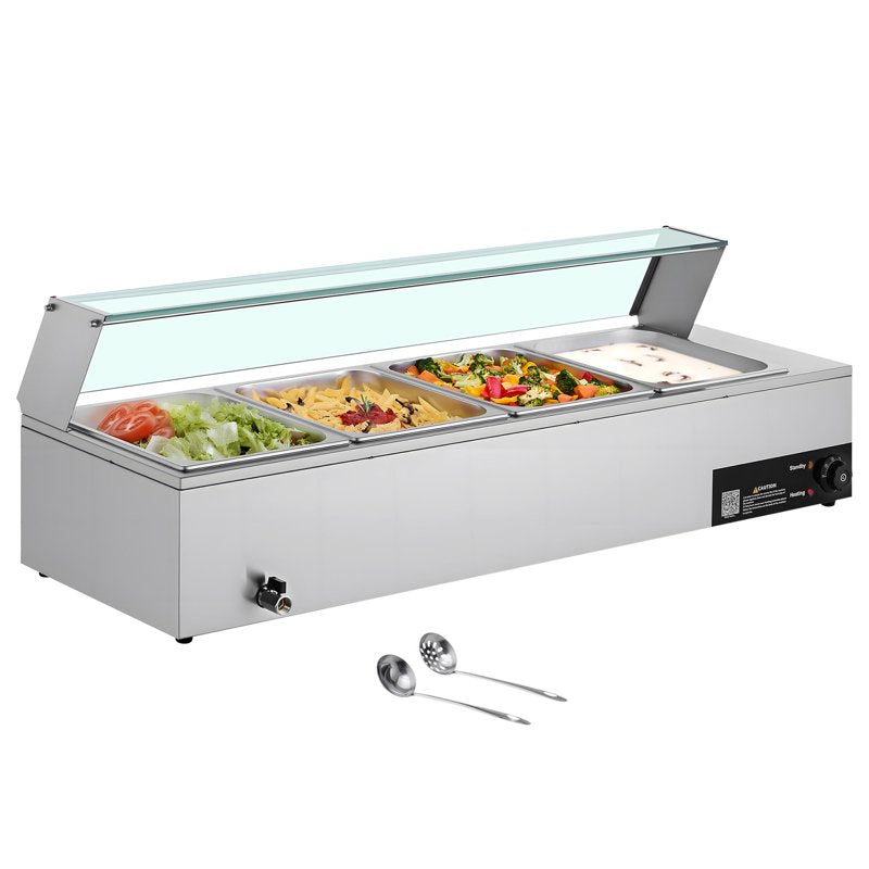 1500W Electric Food Warmer - Stainless Steel Bain Marie with Glass Lid