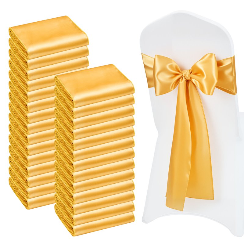 100PCS Satin Chair Sashes - 7x108 Inch Gold Wedding Bows