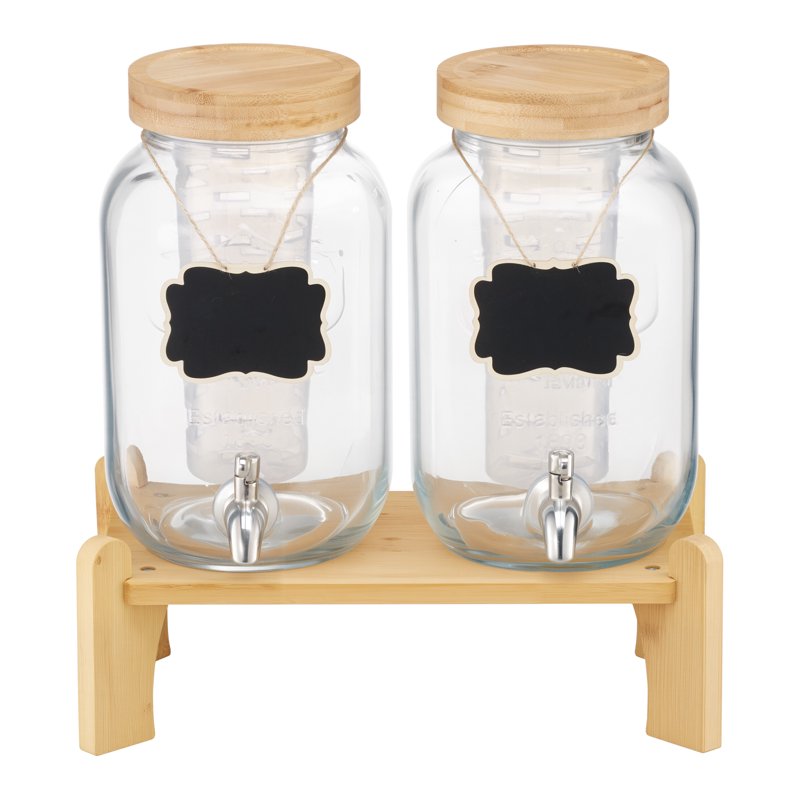 2 Pack 1 Gallon Glass Beverage Dispenser with Wooden Stand & Spigot