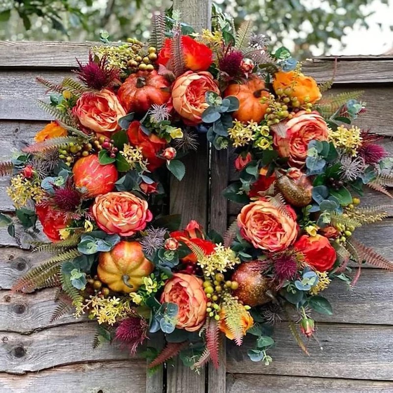 KOMI 2024 Fall Peony and Pumpkin Wreath for Front Door - Variation A