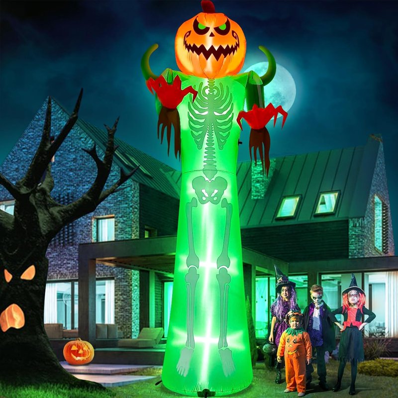 12FT Halloween Inflatable Pumpkin & Skeleton with LED Lights for Yard Decor