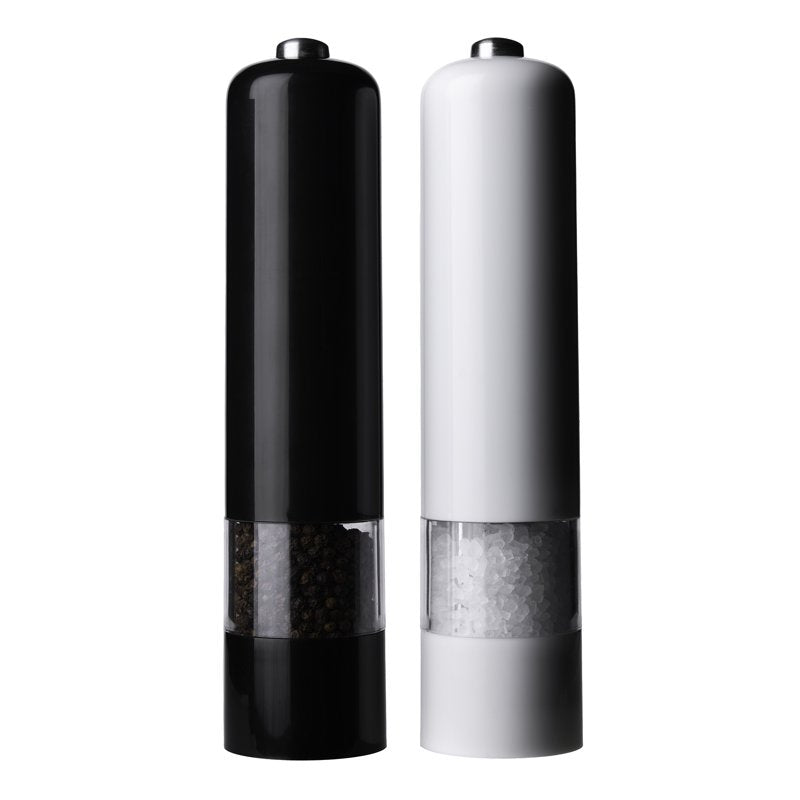 8-Inch Battery Operated Prefilled Salt & Pepper Grinder Set - Black & White