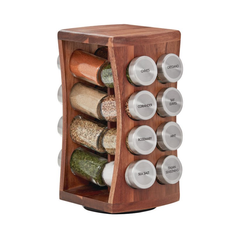 Acacia Wood Hourglass Spice Rack - 16 Prefilled Glass Jars