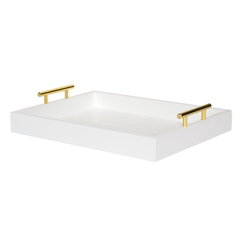 Decorative Tray with Polished Metal Handles - White