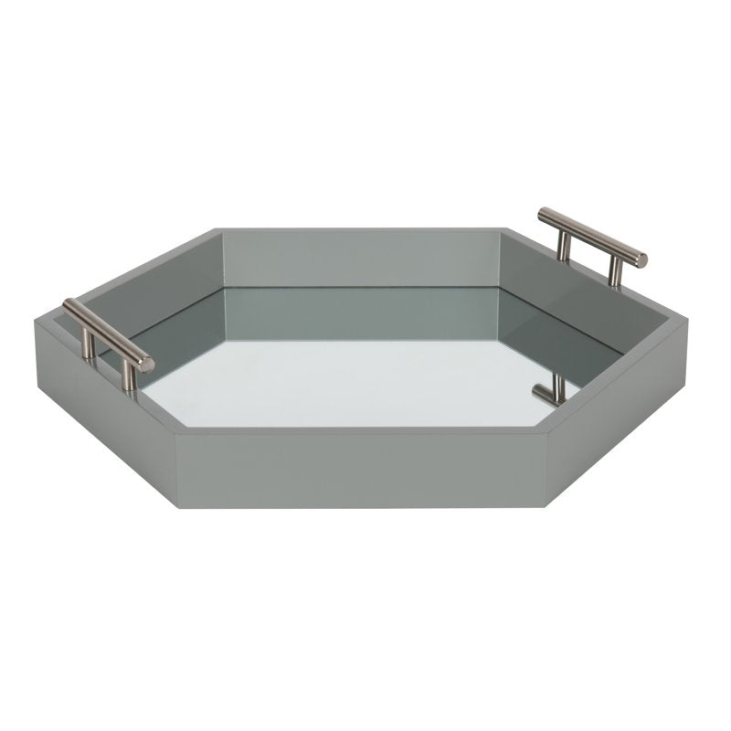 Hexagon Decorative Mirrored Tray with Metal Handles - Gray