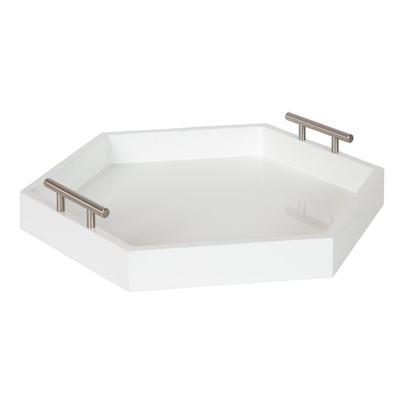 Hexagon Decorative Tray with Metal Handles - White