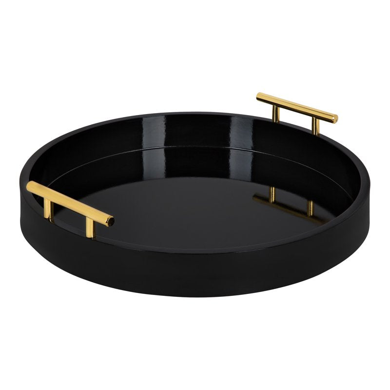 Modern Round Decorative Tray - 15.5" Diameter, Black with Gold Handles