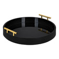 Modern Round Decorative Tray - 15.5" Diameter, Black with Gold Handles