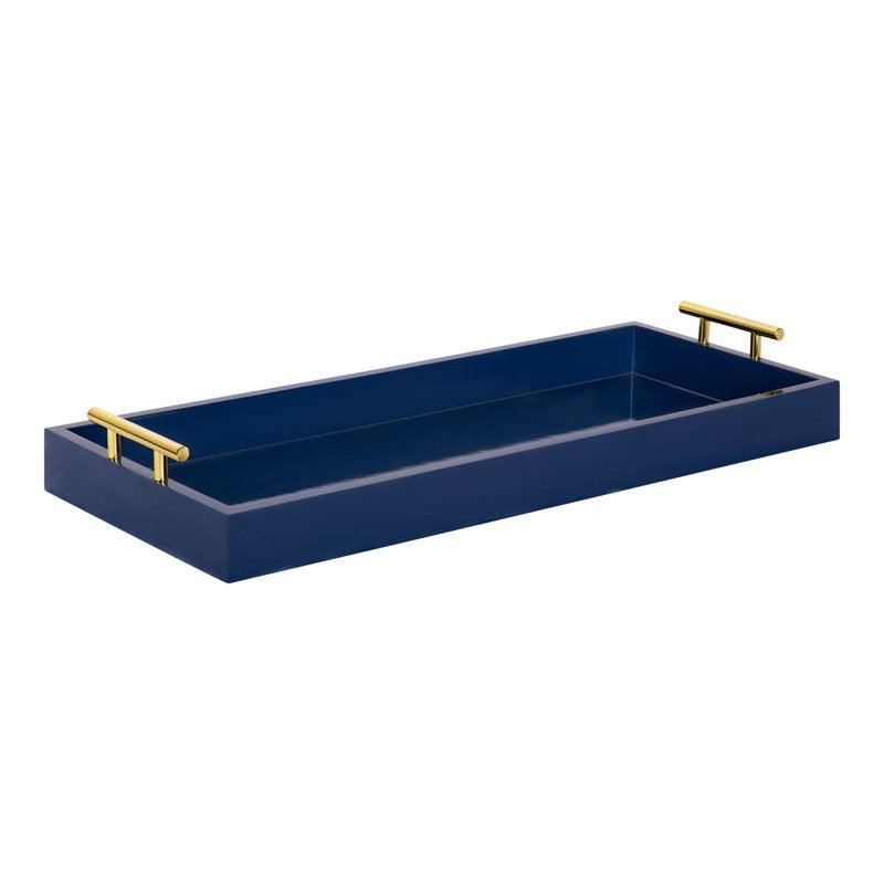 Narrow Decorative Tray with Metal Handles - 10" x 24" - Navy Blue & Gold