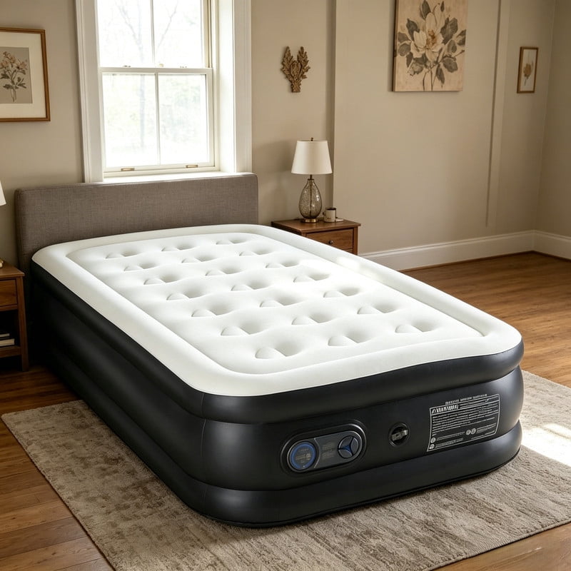 Queen Air Mattress with Built-In Pump - 16 Inch Camping & Home Bed, Black