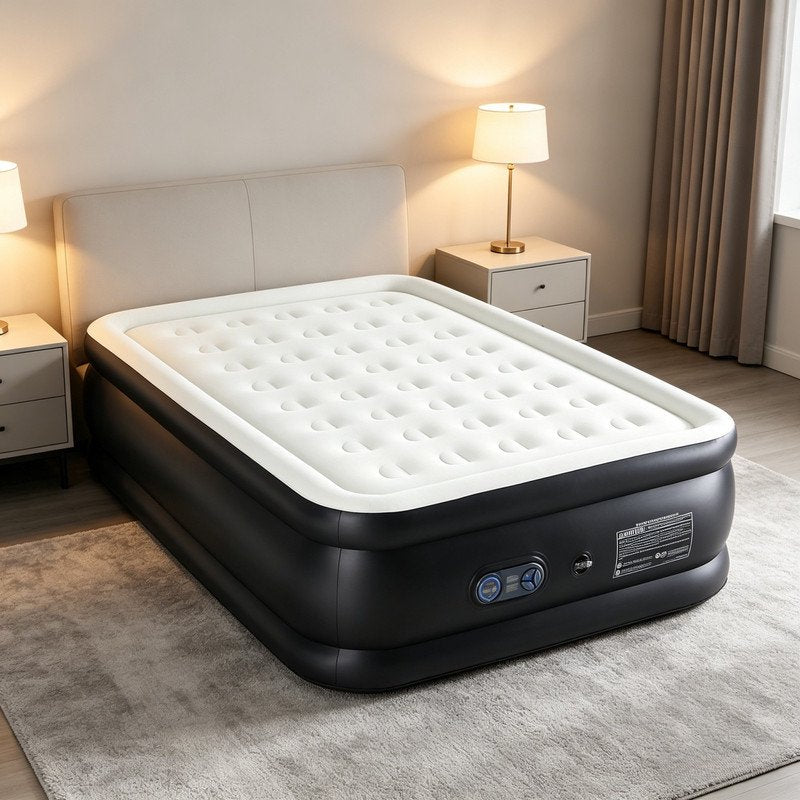 Queen Air Mattress with Built-In Pump - 18 Inch Inflatable Bed for Camping & Home Use - Black