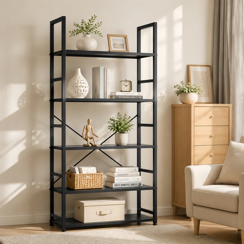 5-Tier Industrial Bookshelf - Open Storage Shelves, Metal Frame