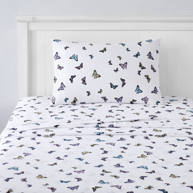 Kids Microfiber Sheet Set - Butterflies Twin XL, Ultra Soft Fitted Sheets with Straps