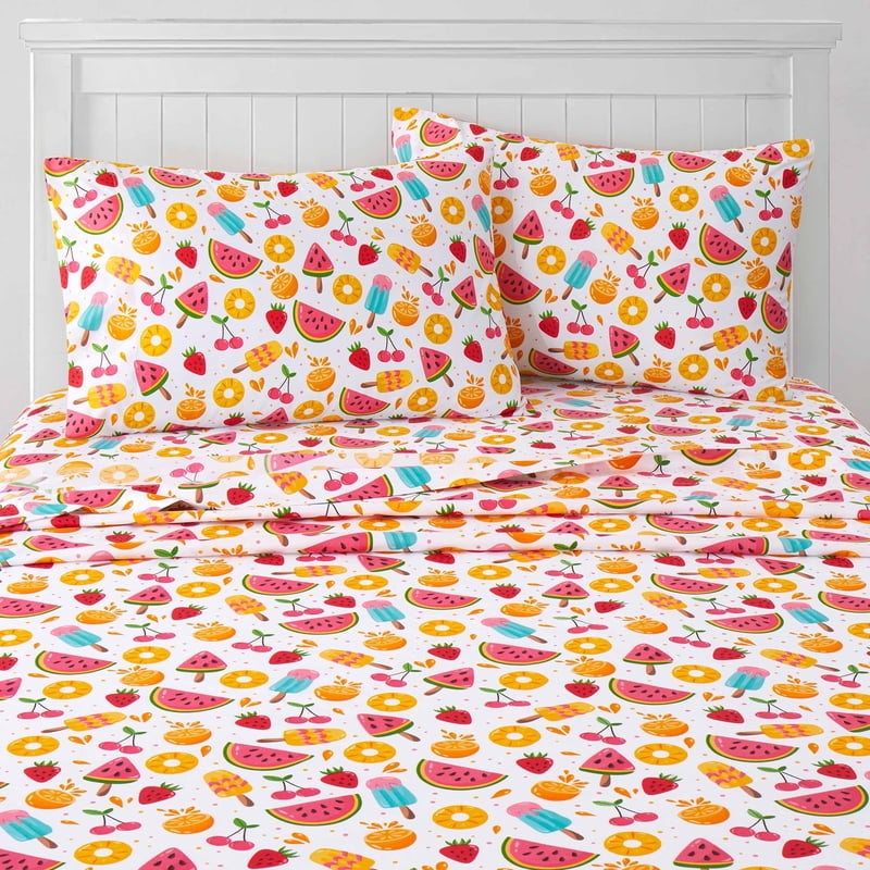 Kids Microfiber Sheet Set - Fruity Fun Full Size with Straps - Ultra Soft Bedding