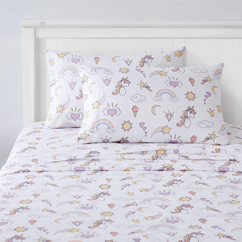 Kids Microfiber Fitted Sheet Set - Magical Unicorns Full Size with Straps