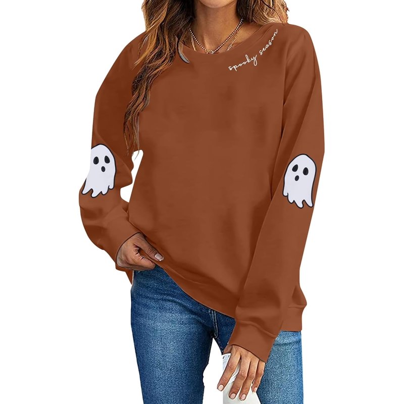 Brown Halloween Ghost Graphic Sweatshirt Women’s Casual Crew Neck XL
