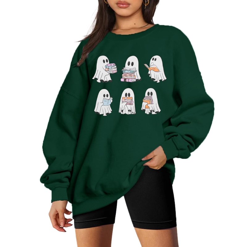 Dark Green XXL Halloween Ghost Reading Books Sweatshirt Women Spooky Fall Pullover
