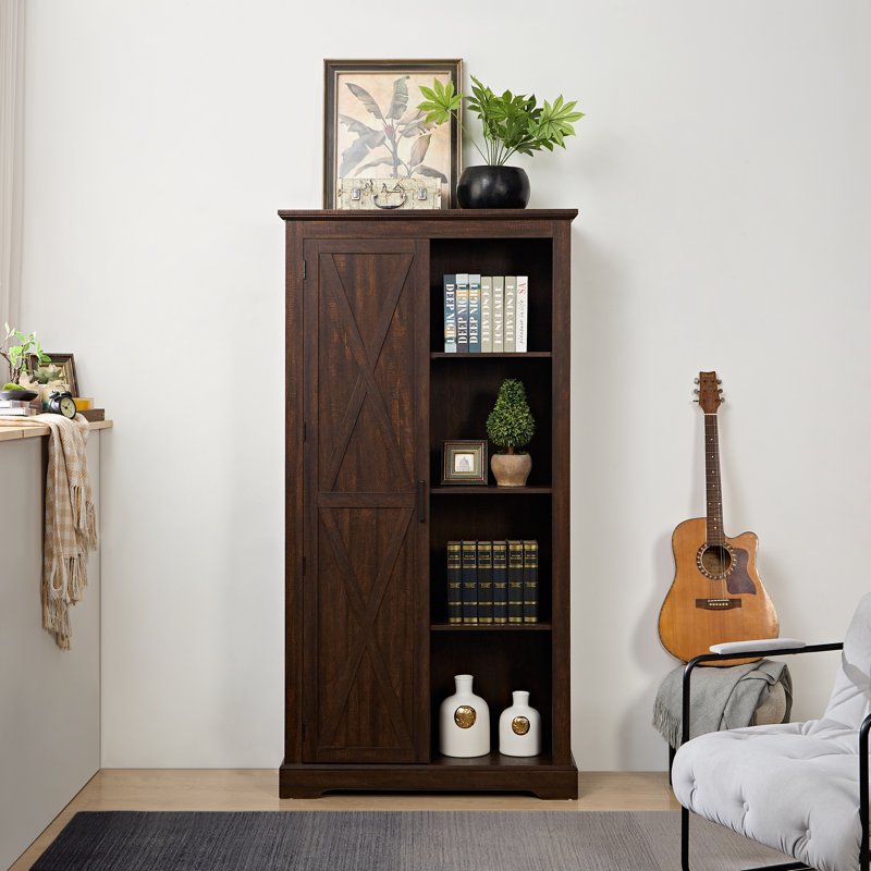 Tall Kitchen Storage Cabinet with Sliding Doors - Dark Brown
