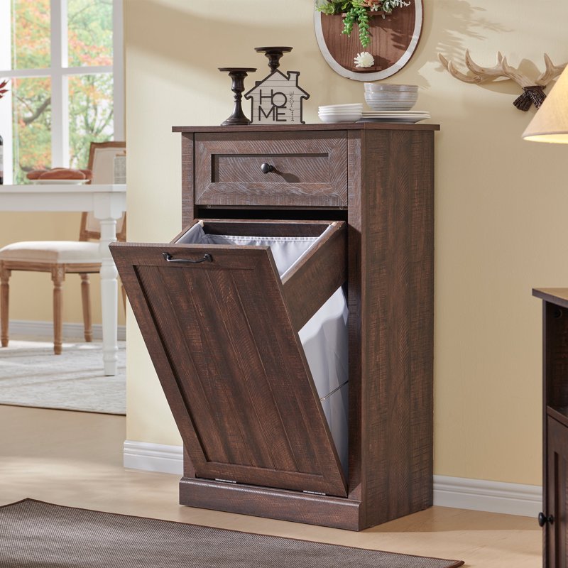 Tilt Out Trash Can Cabinet - 10 Gallon Wooden with Drawer - Brown