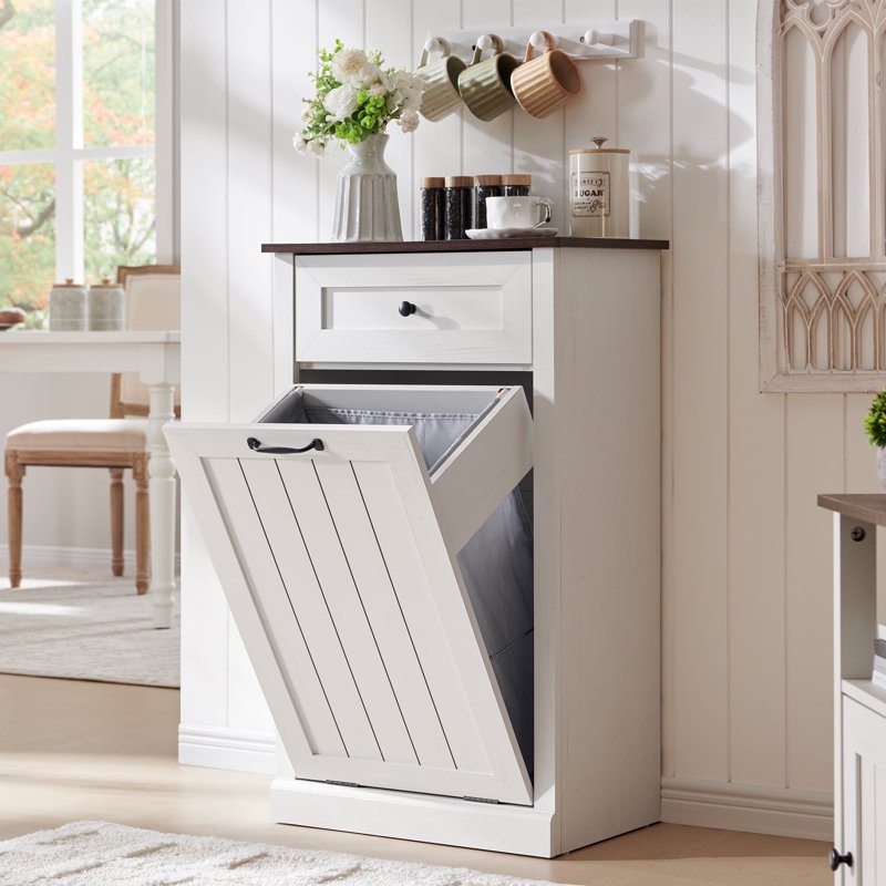 Tilt Out Trash Can Cabinet - 10 Gallon Wooden Kitchen Storage - White, Single Door