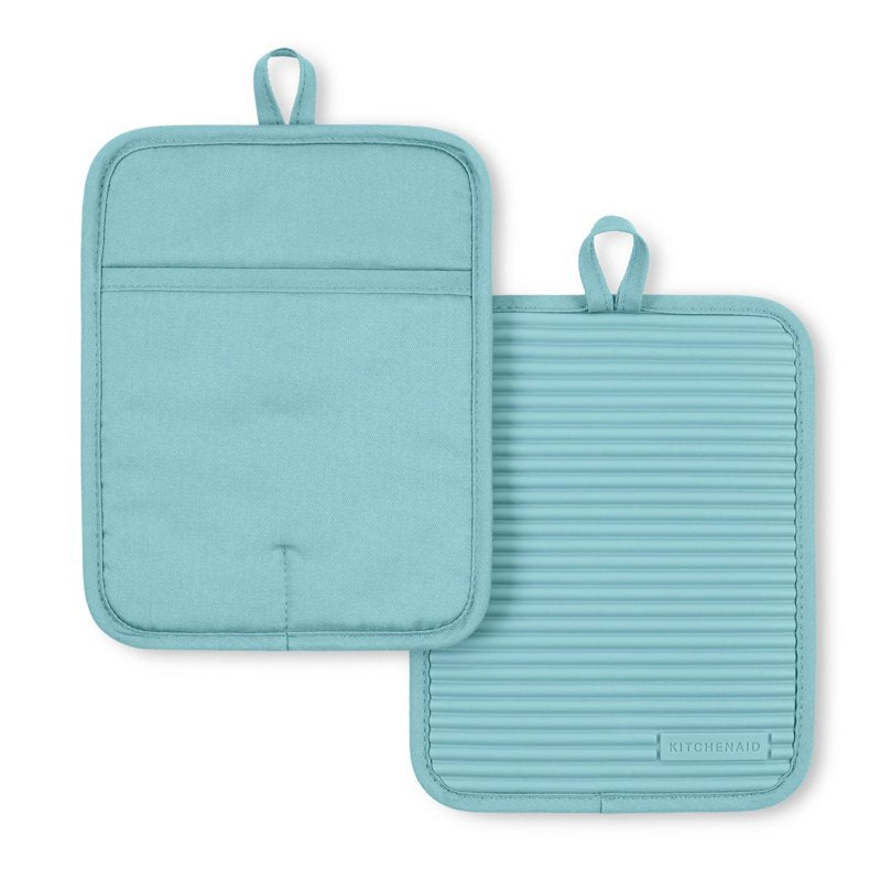 Silicone Oven Mitt Set - Ribbed Soft Heat Resistant, Aqua/White, 7x9 - Set of 2