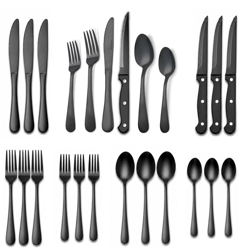 24-Piece Flatware Set for 4 - Modern Black Stainless Steel