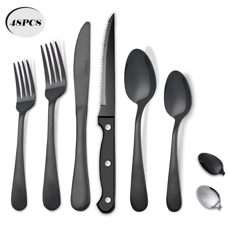 Stainless Steel Flatware Set for 8 - 48 Pieces, Black