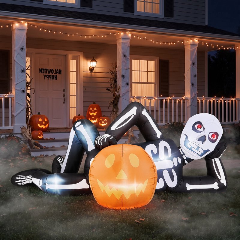 7FT Inflatable Skeleton with Pumpkin - Halloween Yard Decoration with LED Lights