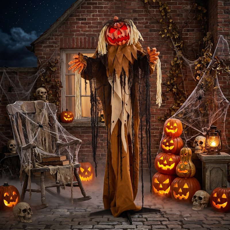 Halloween Creepy Pumpkin Man Animatronic Decoration with Dropping Head - Touch Activated